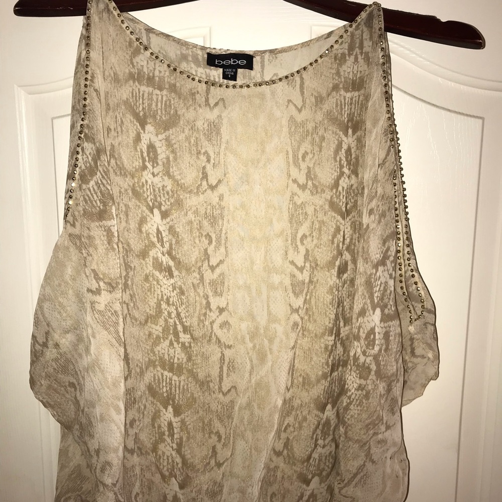 Bebe Gold Metallic Snake Print Semi-Sheer Top-SZ S